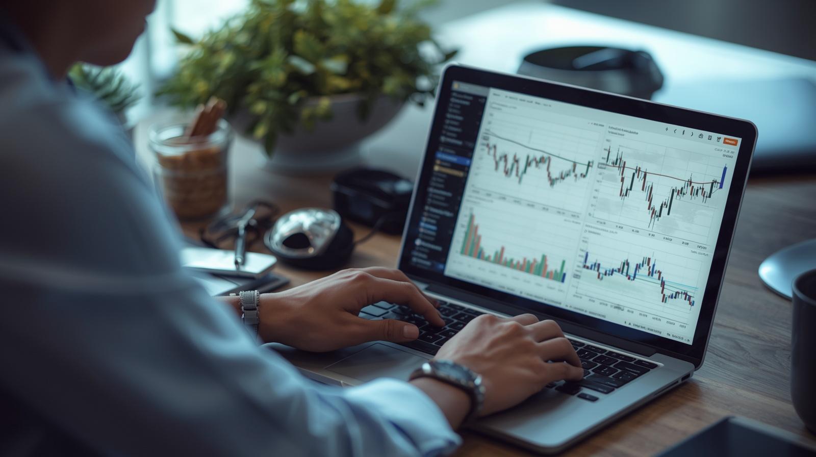 How to Become a Funded Trader (Without Overtrading) 1 A realistic photograph of a person sitting at a desk with a laptop, charts and graphs visible on the screen, representing the concept of becoming a funded trader. The scene should convey focus and strategic thinking, with a clean and organized workspace. The overall aesthetic should be professional and aspirational, with subtle hints of financial success.