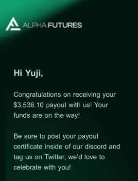 Yuji Harrington Apex Trader Funding payout certificate