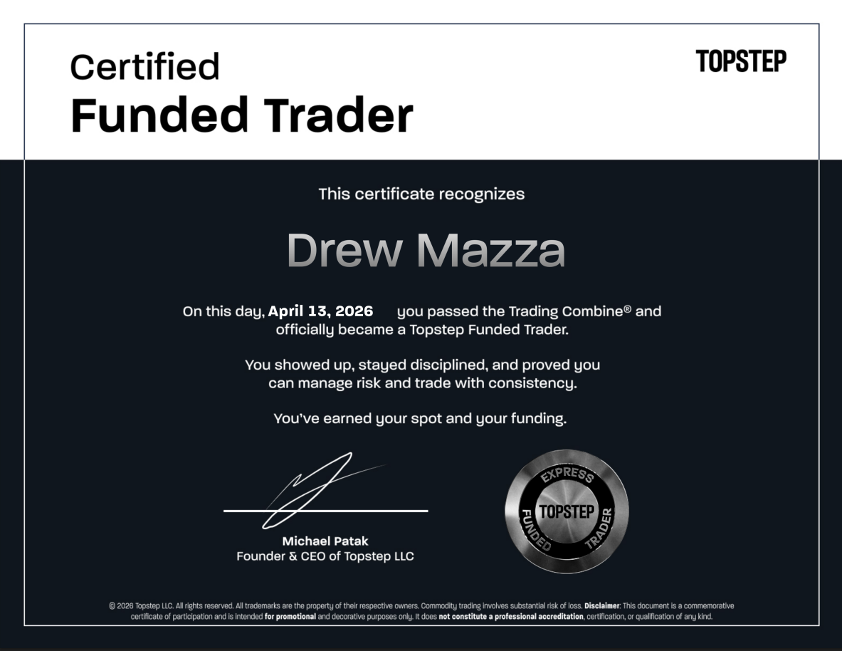 One Prop Trader a Day - Meet Drew Mazza: He Quit, Got Rebilled, Then Made $35K in a Month 3 Drew Mazza funded certificate