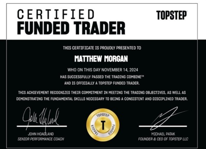 One Prop Trader a Day - Matthew Morgan: Radical Acceptance 3 Matthew Morgan Topstep Certified Funded Trader certificate