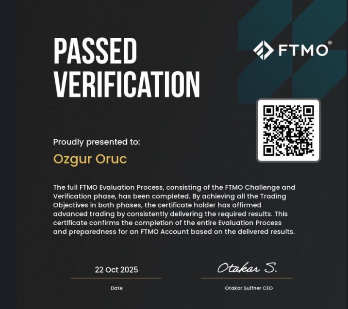 One Prop Trader a Day - ΓzgΓΌr OruΓ§: Funded on the First Account I Ever Bought 3 ΓzgΓΌr OruΓ§ FTMO Passed Verification certificate