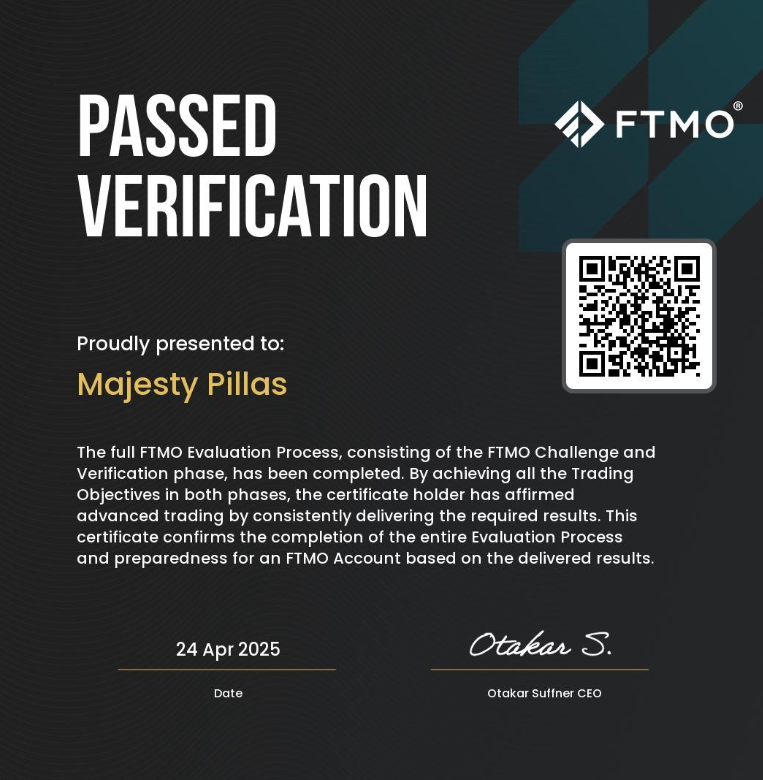 One Prop Trader a Day - Majesty Pillas: The Market Simply Reflects Reality 3 Majesty Pillas FTMO certificate