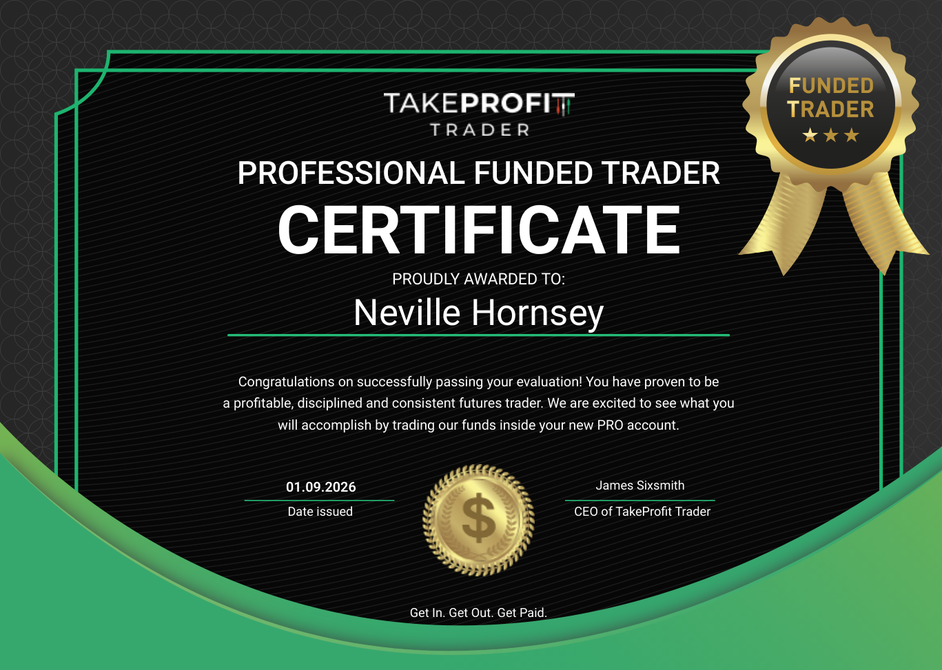 One Prop Trader a Day - Neville Hornsey: Trading Reveals Who You Really Are 4 Neville Hornsey TakeProfit Trader Professional Funded Trader certificate