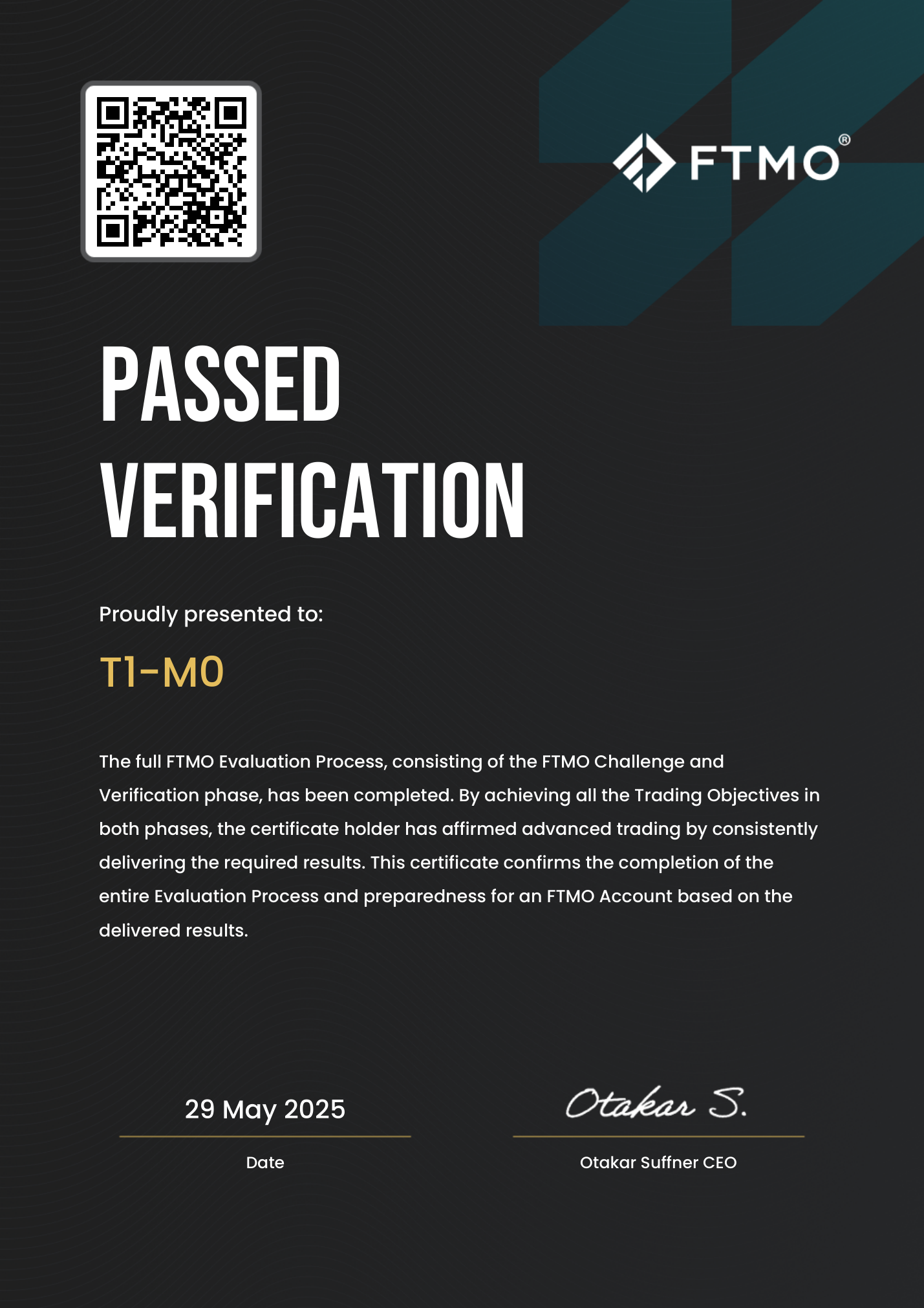 One Prop Trader a Day - Timothy Ndungβu: The Real Asset Is Skill 3 Timothy Ndungβu FTMO certificate