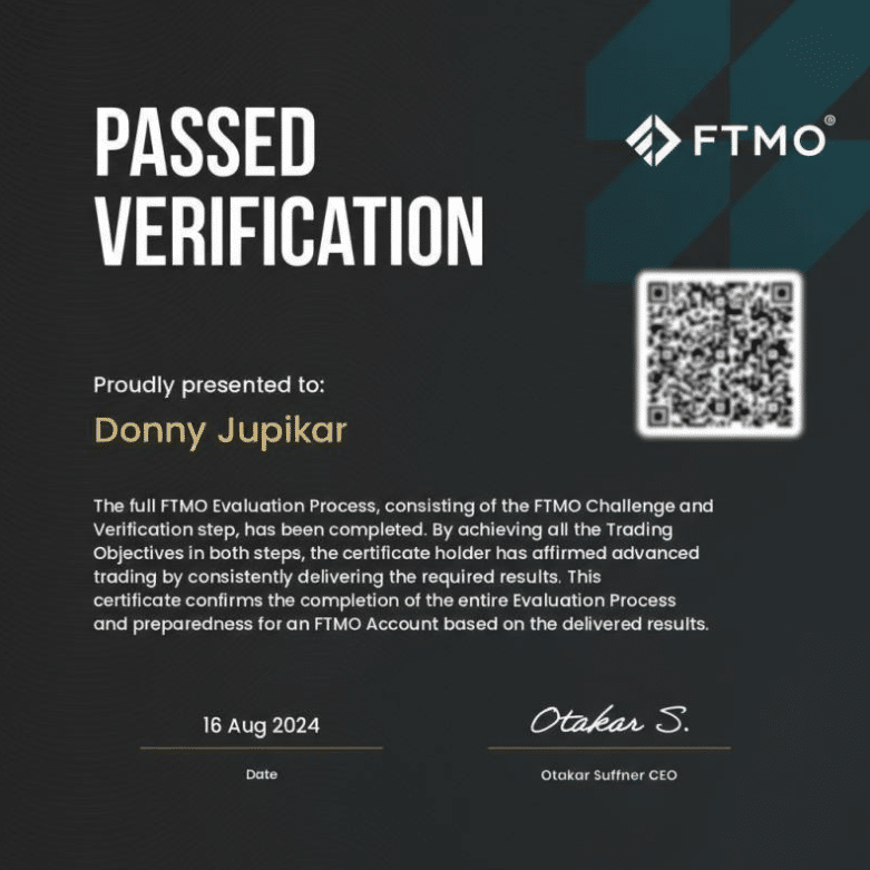One Prop Trader a Day - Donny Jupikar: Trading Is Simple 4 Donny Jupikar FTMO verification passed certificate