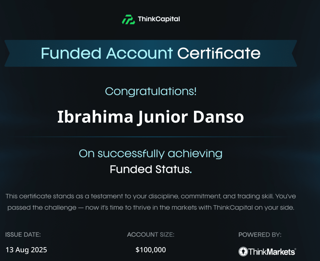 One Prop Trader a Day - Ibrahima Danso: Making Money Is One Skill, Keeping It Is Another 3 Ibrahima Danso Think Capital funded account certificate