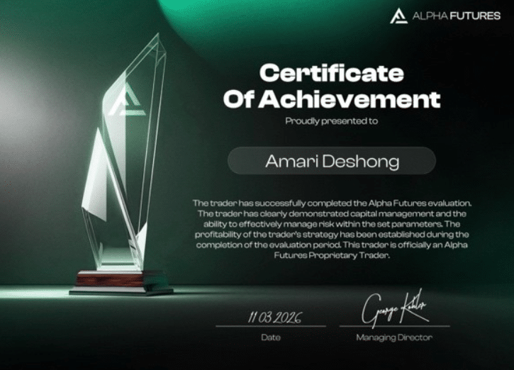 One Prop Trader a Day - Amari Deshong: The Money Follows Consistency 5 Amari Deshong Alpha Futures funded trader certificate