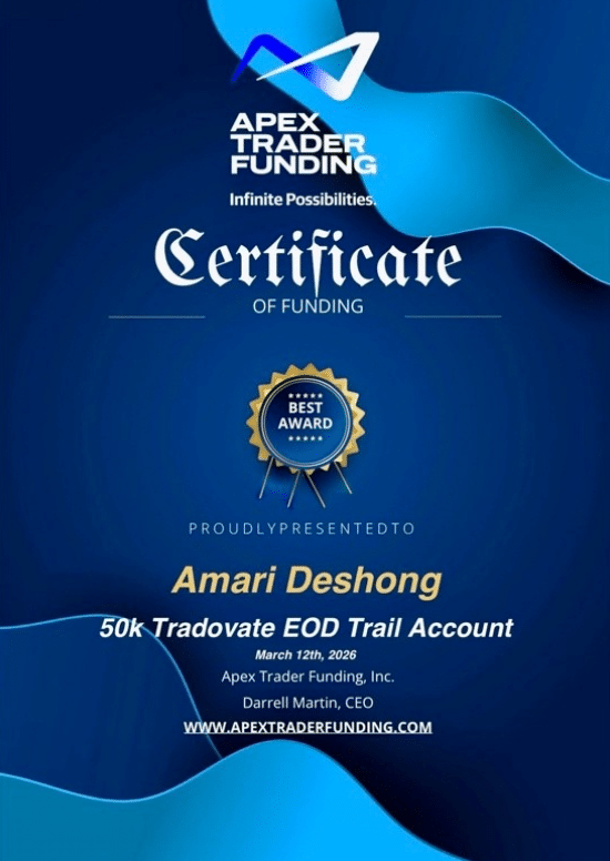 One Prop Trader a Day - Amari Deshong: The Money Follows Consistency 3 Amari Deshong Apex Trader Funding certificate of funding