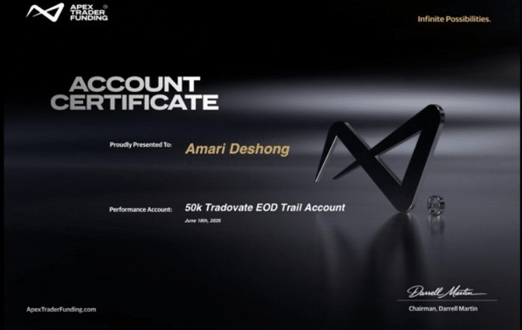 One Prop Trader a Day - Amari Deshong: The Money Follows Consistency 4 Amari Deshong Apex Trader Funding account certificate