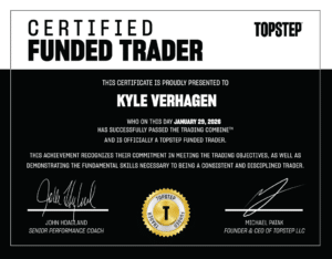 Kyle Verhagen certified funded trader certificate from Topstep