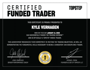Kyle Verhagen certified funded trader certificate from Topstep