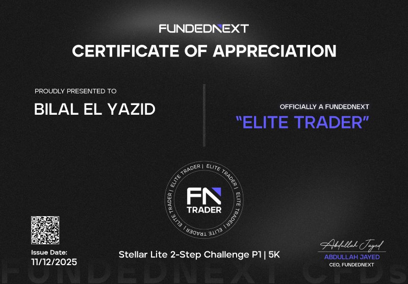 Bilal El Yazid FundedNext Elite Trader certificate