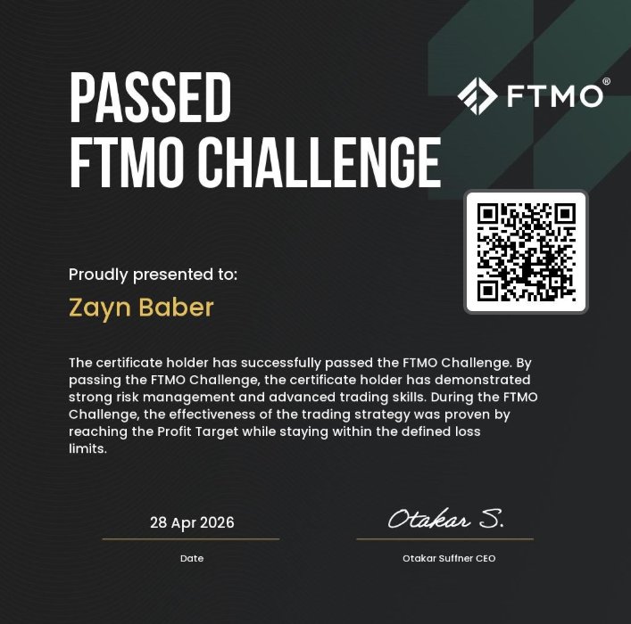 Zayn Baber FTMO certification / payout proof