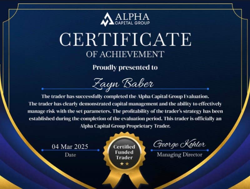 Zayn Baber prop firm funded certificate