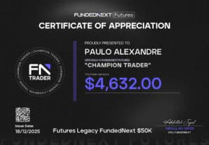 Paulo Reis FundedNext Futures payout certificate for 4,632 dollars