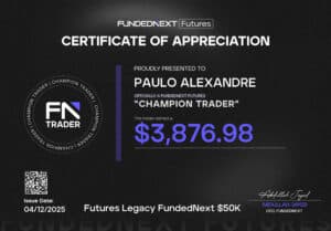 Paulo Reis FundedNext Futures payout certificate for 3,876.98 dollars