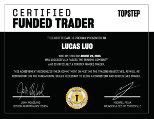 Topstep Certified Funded Trader certificate for Lucas Luo, 29 August 2025