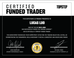 Topstep Certified Funded Trader certificate for Lucas Luo, 9 May 2025