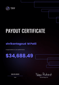 True Forex Funds payout certificate for Shrikantagoud M Patil, 34,688.49 dollars, dated 28 March 2023