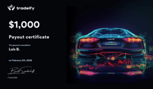 Tradeify payout certificate for Luis B., 1,000 dollars, dated 4 February 2026