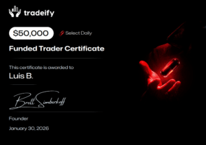Tradeify 50,000 dollar Select Daily funded trader certificate for Luis B., dated 30 January 2026