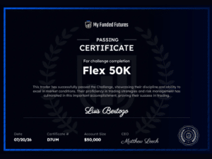 My Funded Futures passing certificate for Luis Bertozo, Flex 50K, 50,000 dollar account, dated 20 July 2026