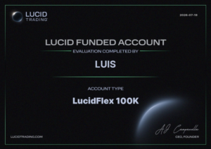 Lucid Trading funded account certificate for Luis, LucidFlex 100K, dated 19 July 2026