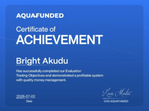 AquaFunded certificate of achievement for Bright Akudu, evaluation completed, dated 2 July 2026