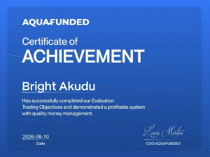 AquaFunded certificate of achievement for Bright Akudu, evaluation completed, dated 10 August 2026