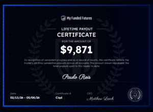 Paulo Reis My Funded Futures lifetime payout certificate for 9,871 dollars