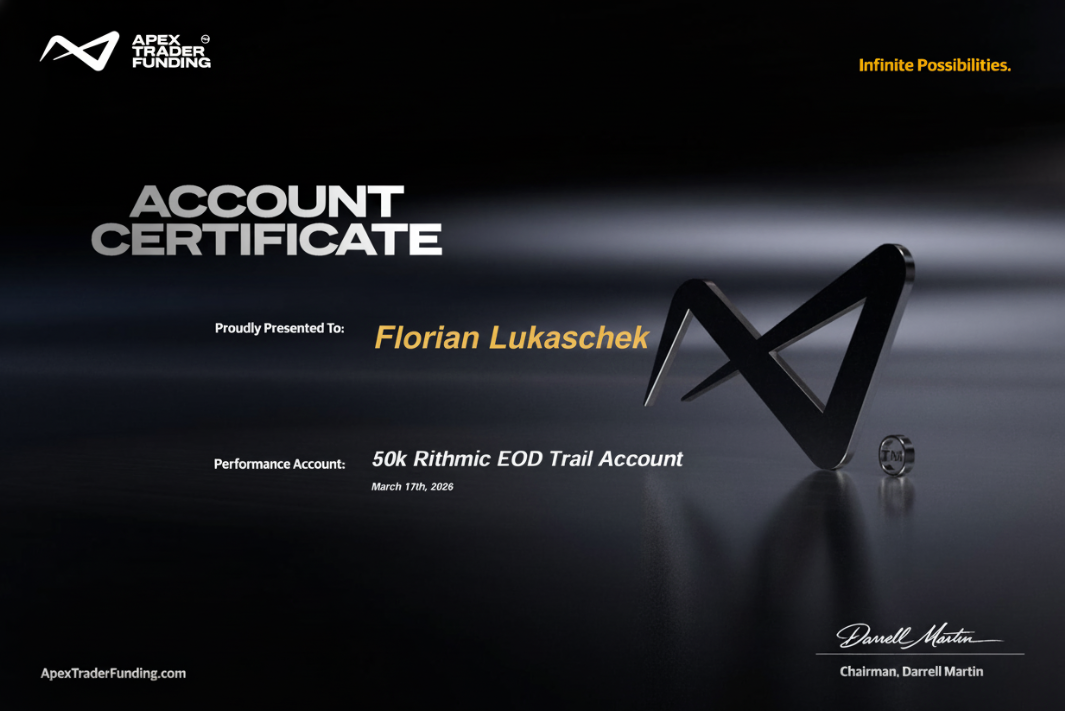 One Prop Trader a Day – Florian Lukaschek: I Built My Entire Trading System Around My Weakness 3 Apex Trader Funding account certificate for Florian Lukaschek, 50k Rithmic EOD trailing account on 17 March 2026