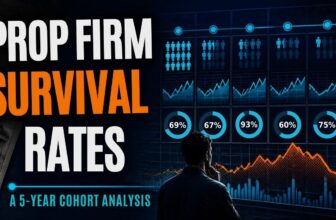 Prop firm survival rates by launch cohort, 2021 to 2025: 69%, 67%, 93%, 60% and 75% still operating