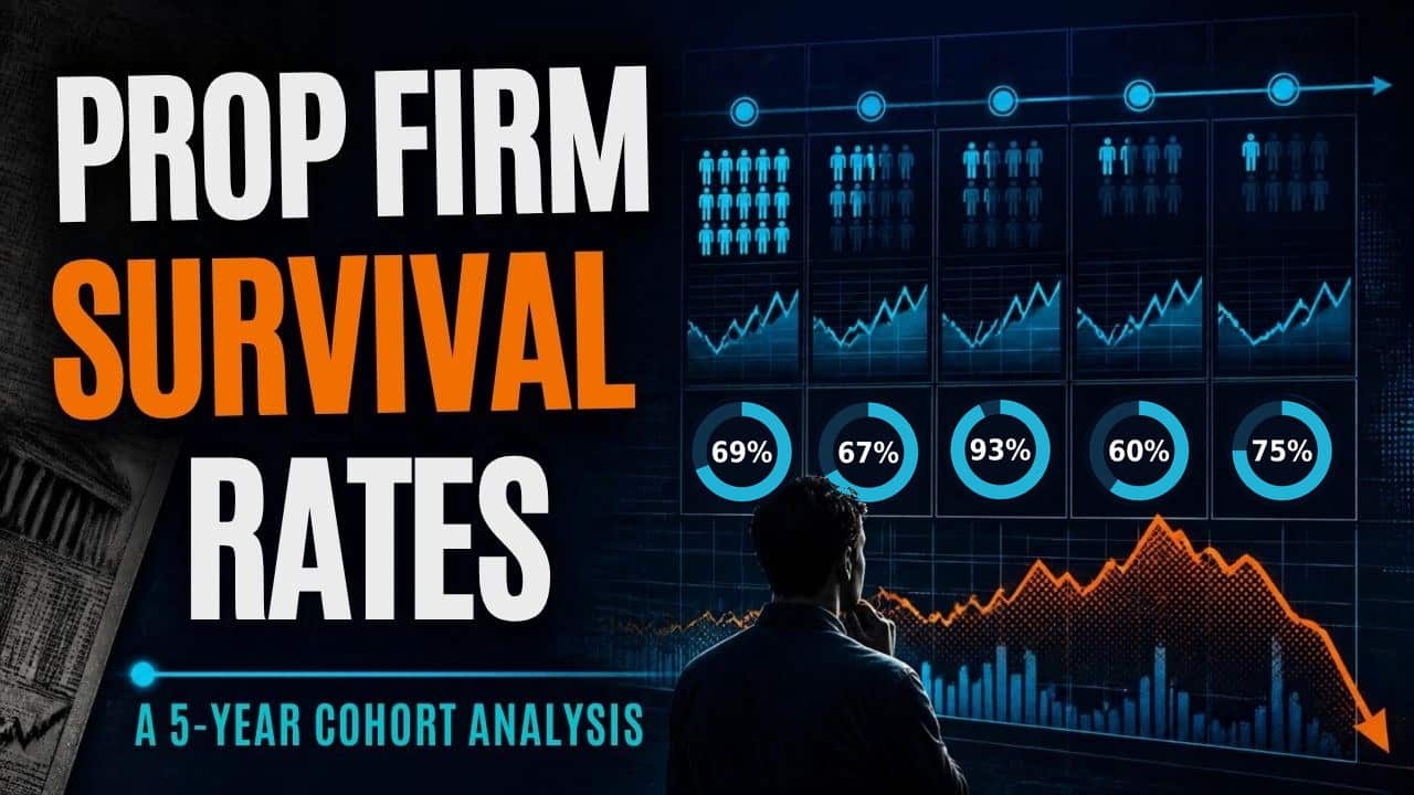 Prop firm survival rates by launch cohort, 2021 to 2025: 69%, 67%, 93%, 60% and 75% still operating