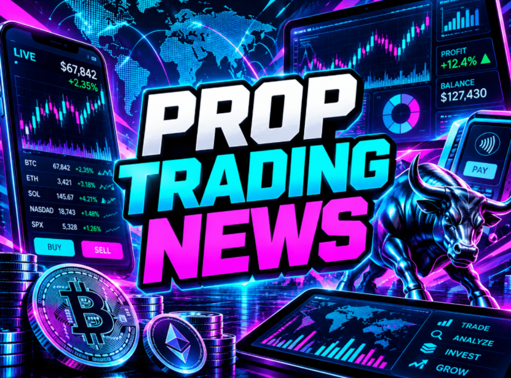 Prop Trading News graphic with neon charts, a world map, Bitcoin and Ethereum coins, and a metallic bull.