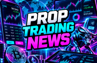 Prop Trading News graphic with neon charts, a world map, Bitcoin and Ethereum coins, and a metallic bull.