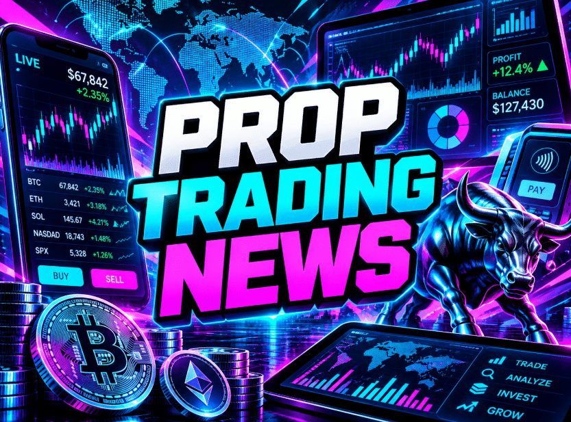 Prop Trading News graphic with neon charts, a world map, Bitcoin and Ethereum coins, and a metallic bull.