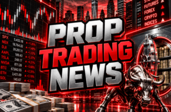Prop Trading News graphic with red candlestick charts, a bank vault, cash stacks, and a metallic bull.