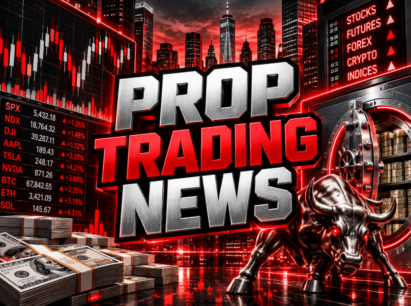 Prop Trading News graphic with red candlestick charts, a bank vault, cash stacks, and a metallic bull.