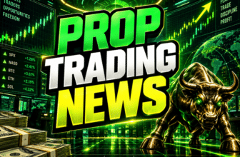 Prop Trading News graphic with green and yellow charts, cash stacks, an upward arrow, and a golden bull.