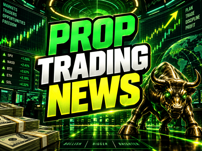 Prop Trading News graphic with green and yellow charts, cash stacks, an upward arrow, and a golden bull.