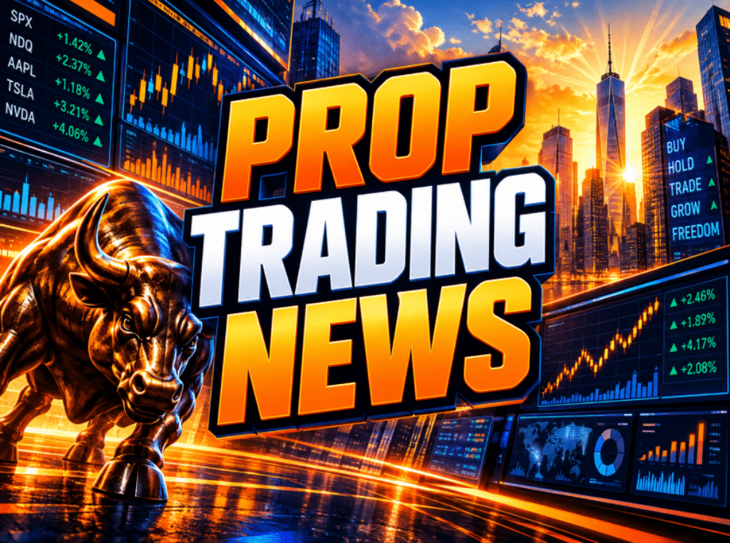 Prop Trading News graphic with orange and blue market screens, a golden bull, and a city skyline at sunset.