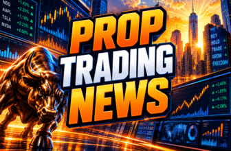 Prop Trading News graphic with orange and blue market screens, a golden bull, and a city skyline at sunset.