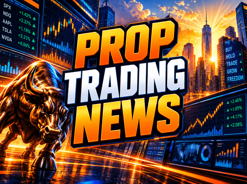 Prop Trading News graphic with orange and blue market screens, a golden bull, and a city skyline at sunset.