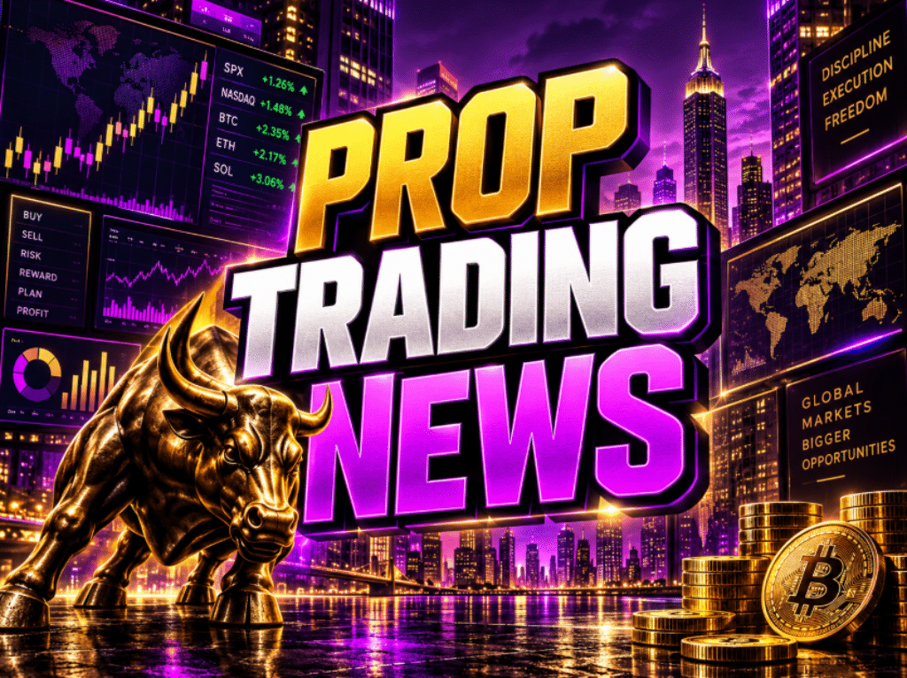 Prop Trading News graphic with purple and gold charts, Bitcoin coins, a golden bull, and a city skyline.