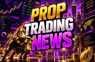 Prop Trading News graphic with purple and gold charts, Bitcoin coins, a golden bull, and a city skyline.