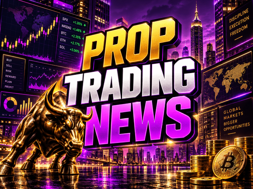 Prop Trading News graphic with purple and gold charts, Bitcoin coins, a golden bull, and a city skyline.