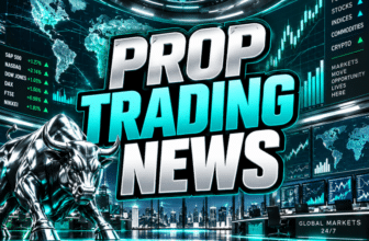 Prop Trading News graphic with turquoise world maps, market screens, a silver bull, and a city skyline.