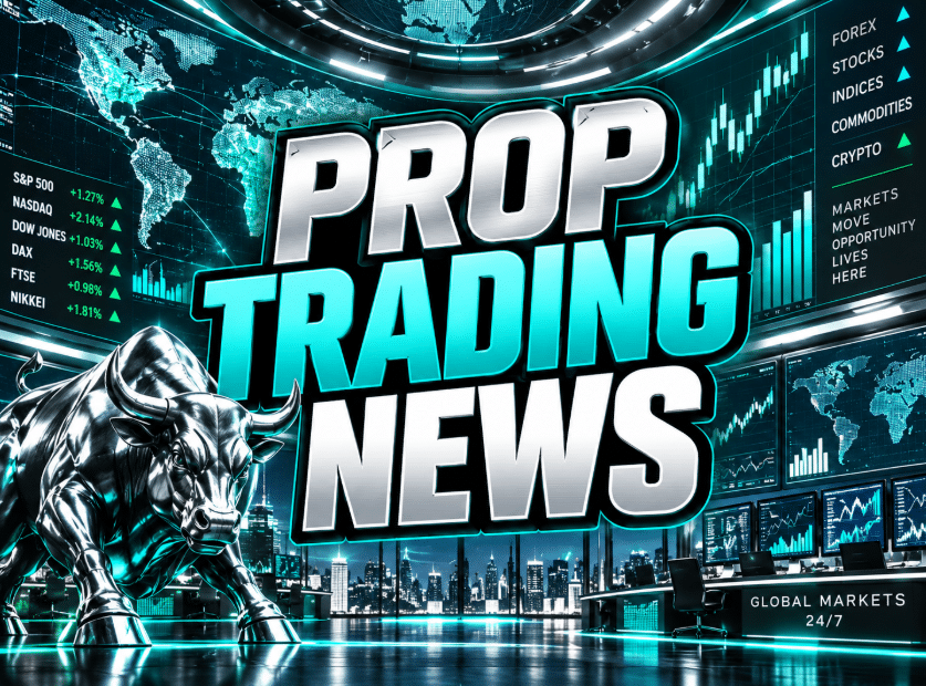 Prop Trading News graphic with turquoise world maps, market screens, a silver bull, and a city skyline.