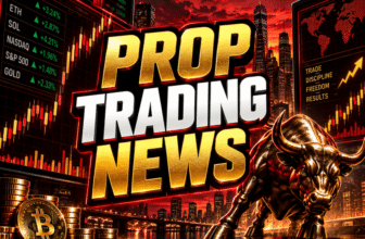 Prop Trading News graphic with red and gold charts, Bitcoin coins, a golden bull, and a sunset city skyline.