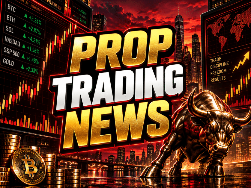 Prop Trading News graphic with red and gold charts, Bitcoin coins, a golden bull, and a sunset city skyline.